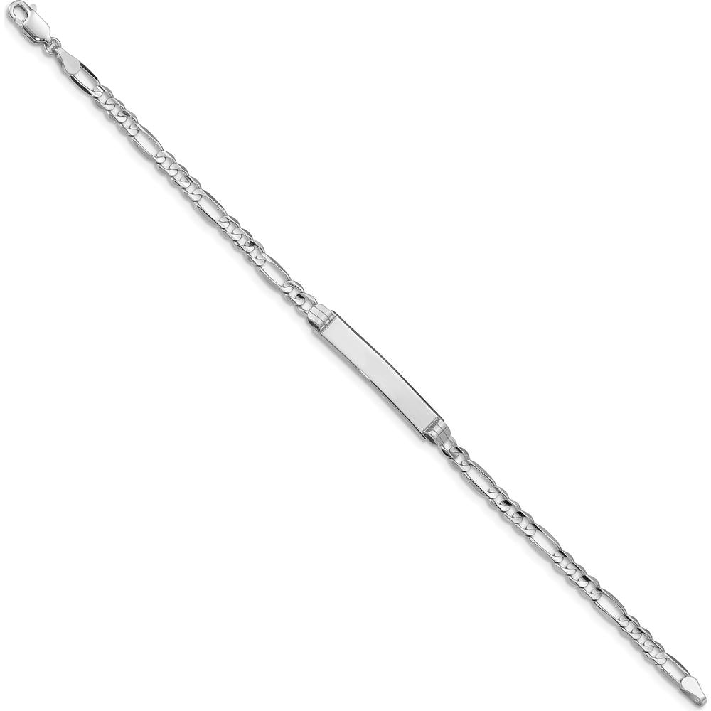 14K White Gold Polished Figaro Link 7" ID Bracelet with Solid Plate - Engravable by Oro Pregiato