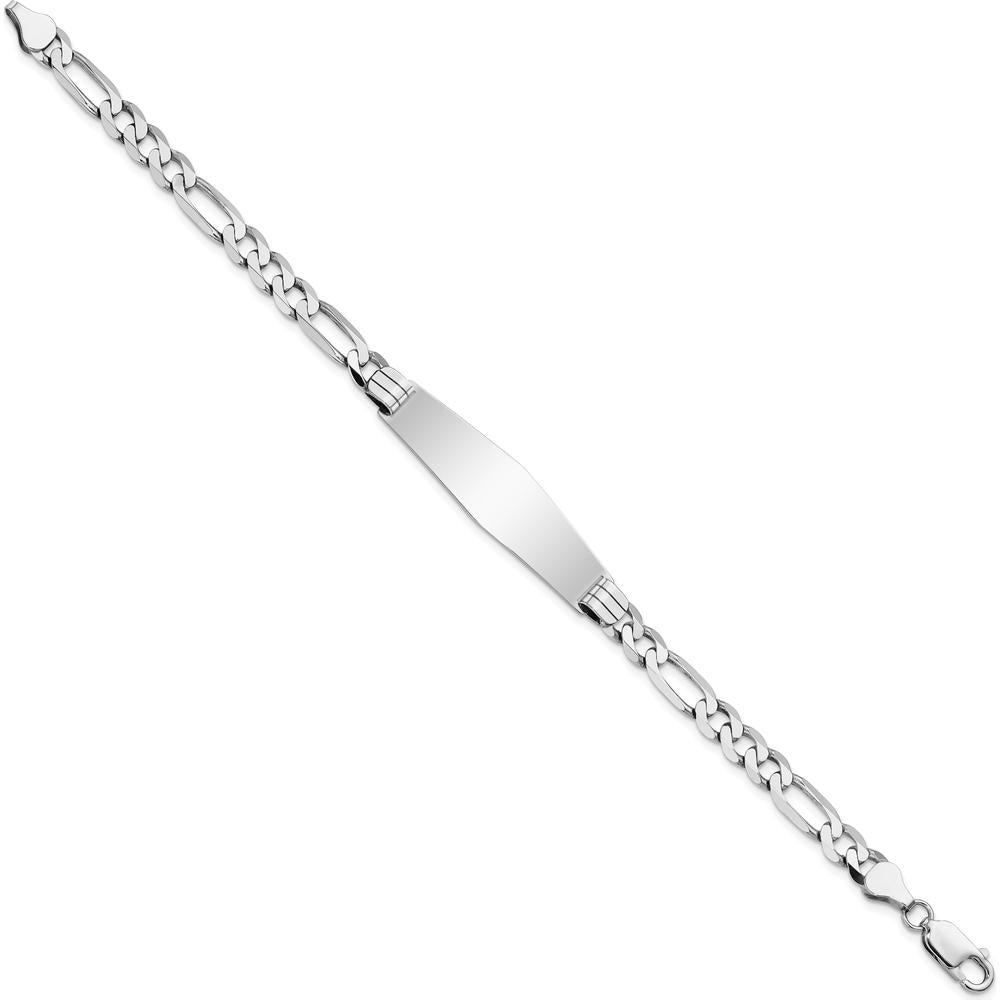 14K White Gold Polished Figaro Link ID Bracelet with Engravable Solid Plate - 8" Length by Oro Pregiato