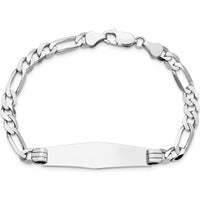 14K White Gold Polished Figaro Link ID Bracelet with Engravable Solid Plate - 8" Length by Oro Pregiato