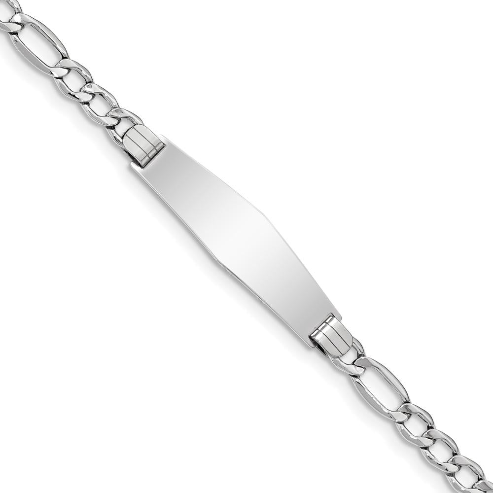 14K White Gold Polished Figaro Link ID Bracelet with Soft Diamond-Shaped Plate - 8" Length by Oro Pregiato