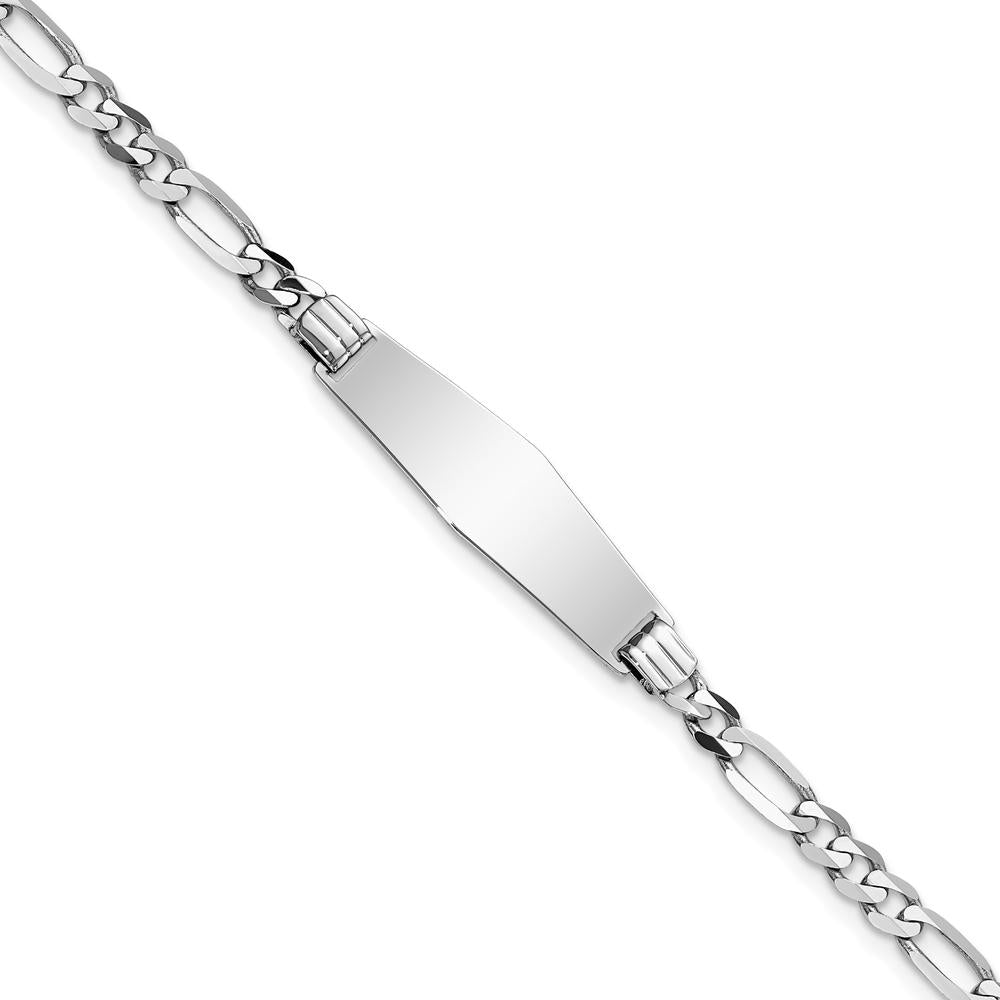 14K White Gold Polished Figaro Link ID Bracelet with Solid Diamond-Shaped Plate - 7" by Oro Pregiato