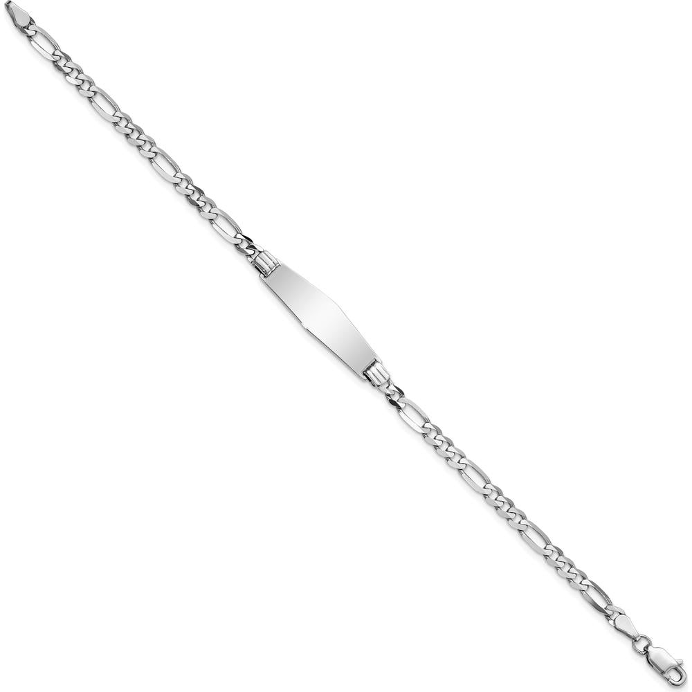 14K White Gold Polished Figaro Link ID Bracelet with Solid Diamond-Shaped Plate - 7" by Oro Pregiato
