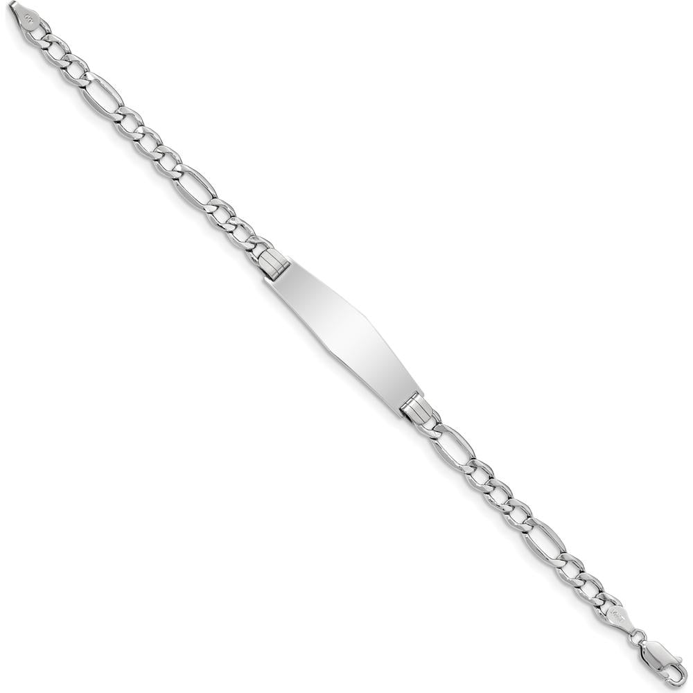 14K White Gold Polished Figaro Link ID Bracelet with Solid Plate and Rhodium Plating - 7" Length by Oro Pregiato