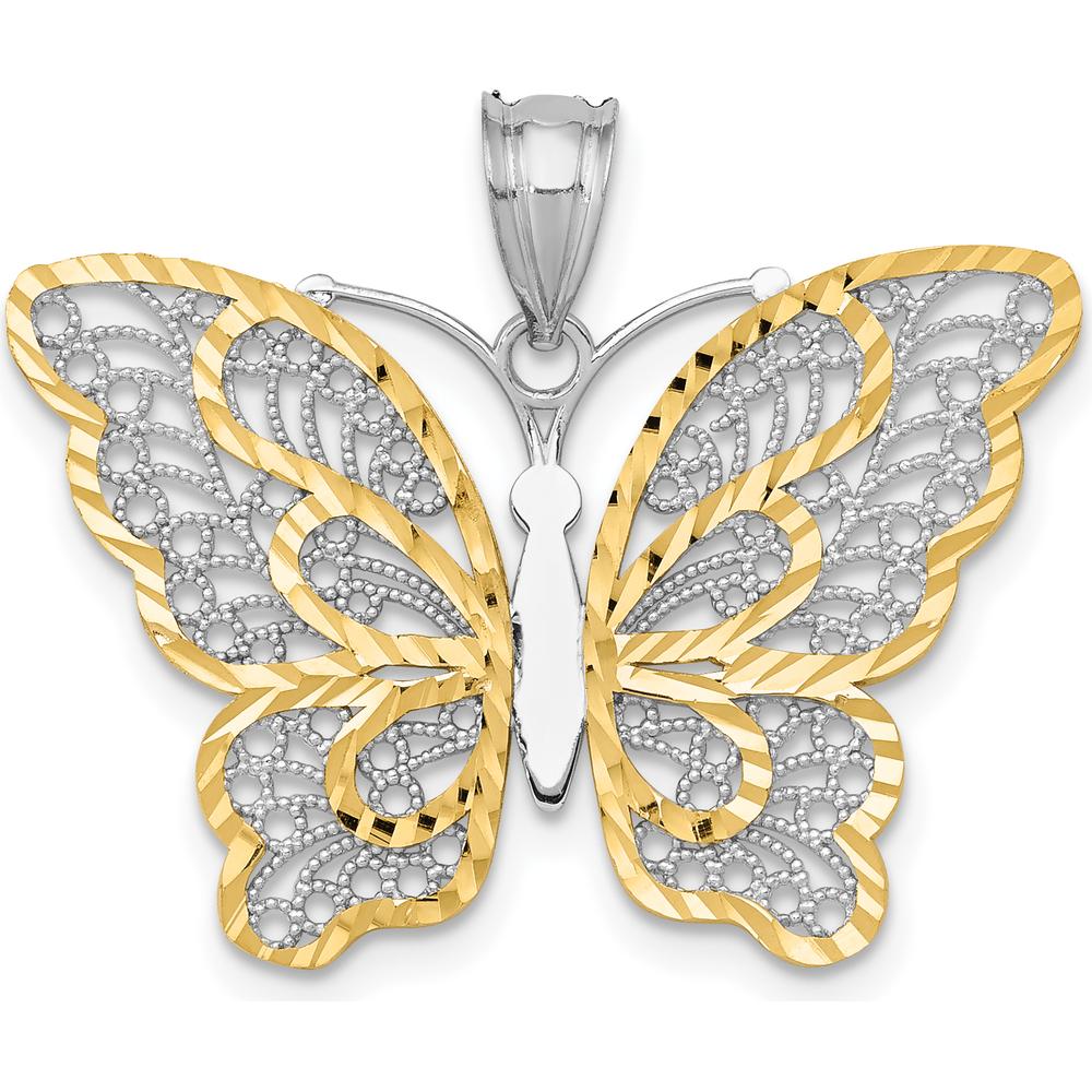 14K White Gold Polished Filigree Butterfly Pendant with Yellow Rhodium Accents by Oro Pregiato