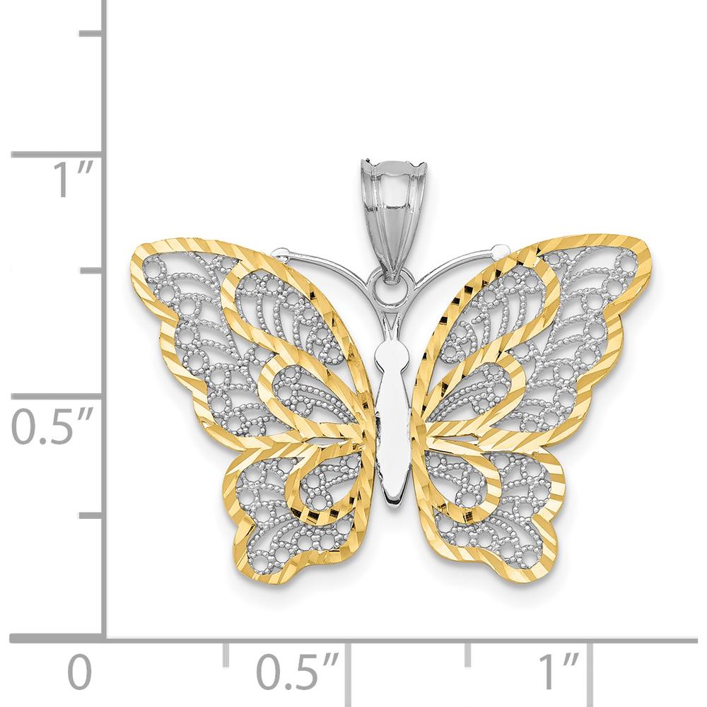 14K White Gold Polished Filigree Butterfly Pendant with Yellow Rhodium Accents by Oro Pregiato