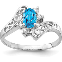 14K White Gold Polished Filigree Ring with Oval Gemstone and Diamond Accents - 0.06 Carat Total Diamond Weight by Monteluci Fine Jewelry