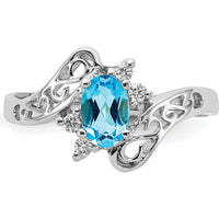 14K White Gold Polished Filigree Ring with Oval Gemstone and Diamond Accents - 0.06 Carat Total Diamond Weight by Monteluci Fine Jewelry