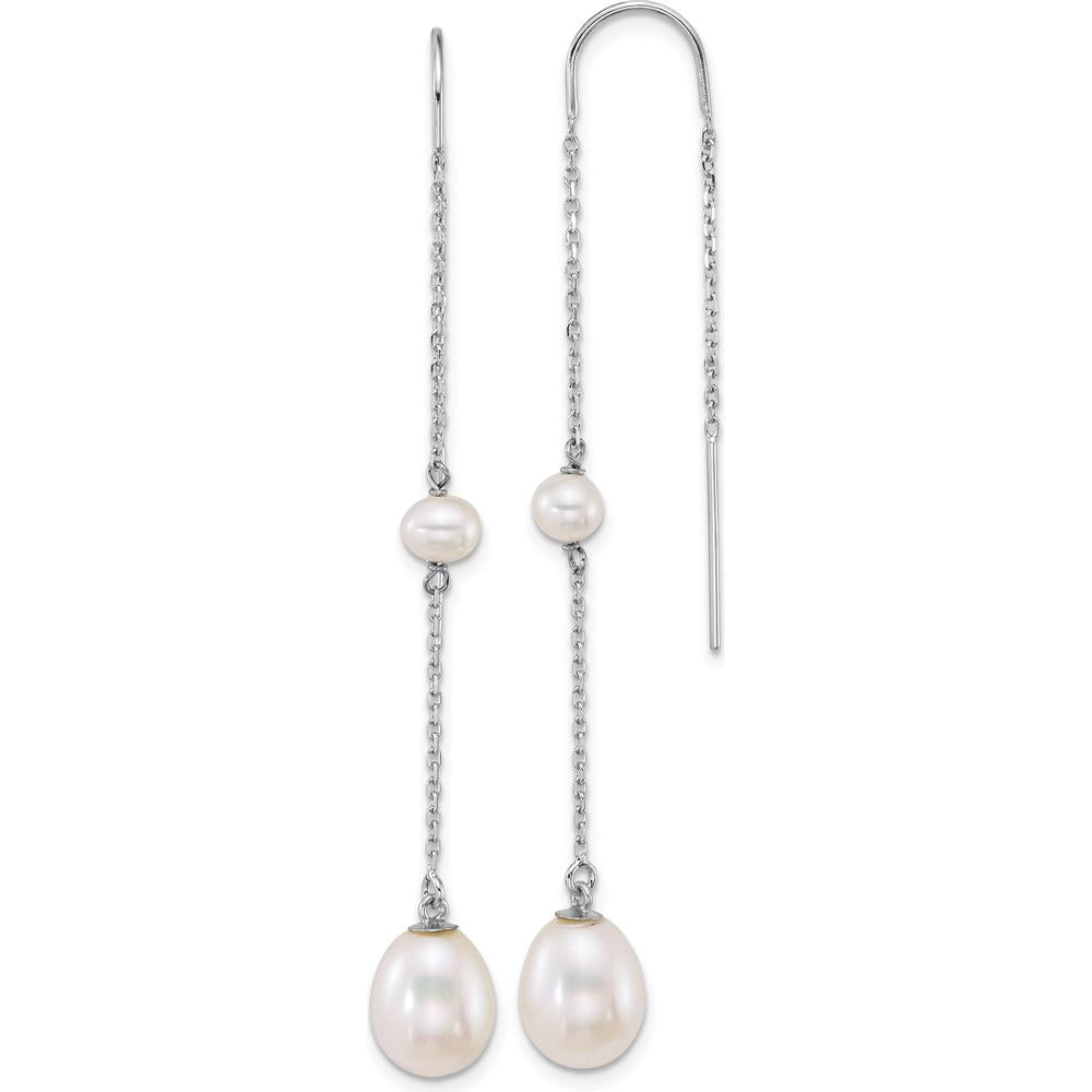 14K White Gold Polished Freshwater Cultured Pearl Threader Earrings with Teardrop and Near-Round Pearls - 7.8mm Total Pearl Size by Monteluci Fine Jewelry