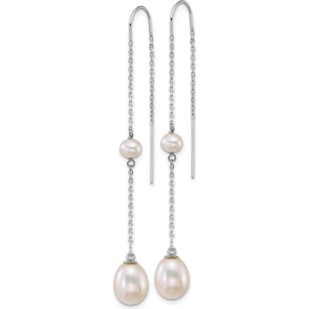 14K White Gold Polished Freshwater Cultured Pearl Threader Earrings with Teardrop and Near-Round Pearls - 7.8mm Total Pearl Size by Monteluci Fine Jewelry