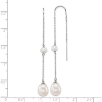 14K White Gold Polished Freshwater Cultured Pearl Threader Earrings with Teardrop and Near-Round Pearls - 7.8mm Total Pearl Size by Monteluci Fine Jewelry