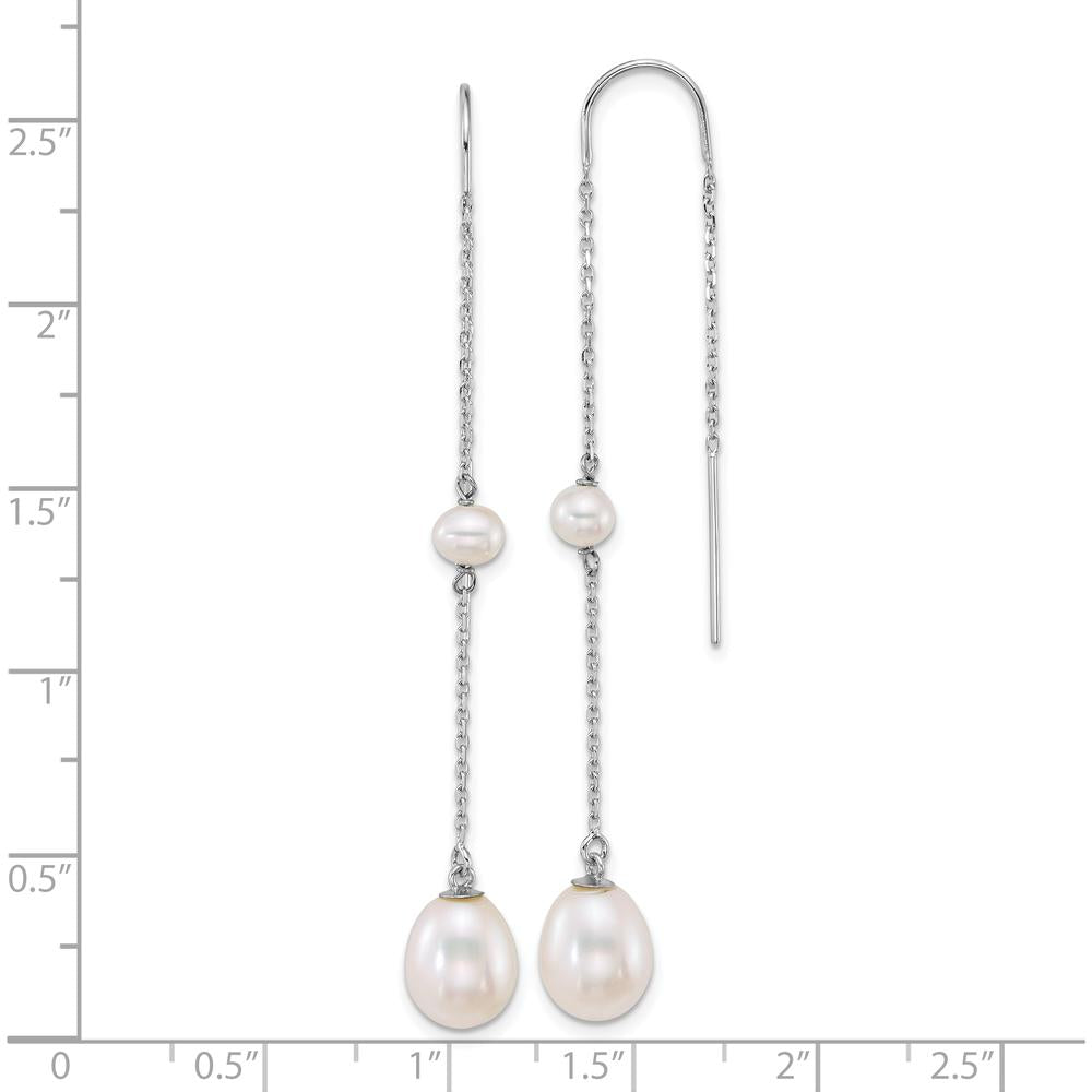 14K White Gold Polished Freshwater Cultured Pearl Threader Earrings with Teardrop and Near-Round Pearls - 7.8mm Total Pearl Size by Monteluci Fine Jewelry