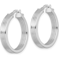 14K White Gold Polished Grooved Tube Hoop Earrings - 24mm Length by 0