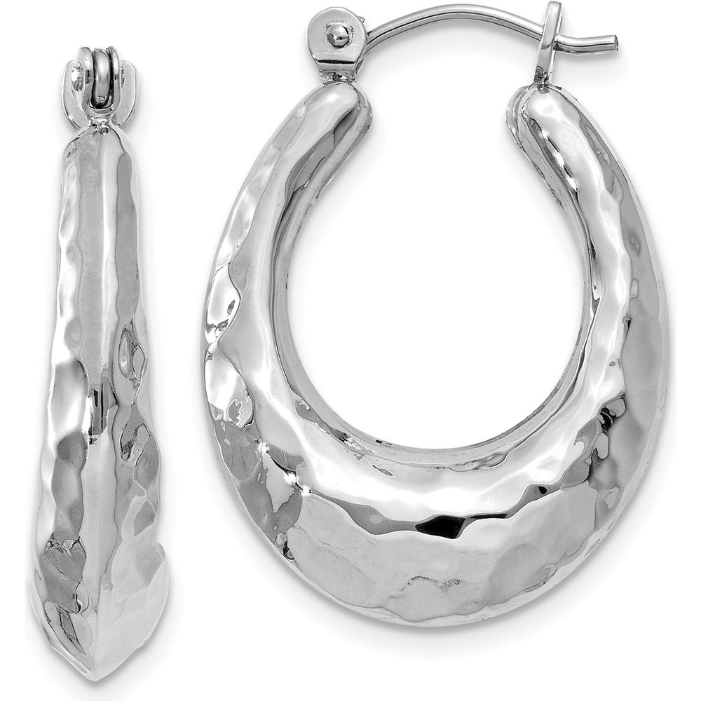 14K White Gold Polished Hammered Hoop Earrings - 11mm Length, 6mm Width by Oro Pregiato