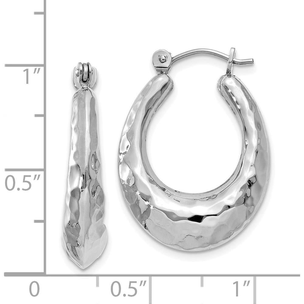 14K White Gold Polished Hammered Hoop Earrings - 11mm Length, 6mm Width by Oro Pregiato