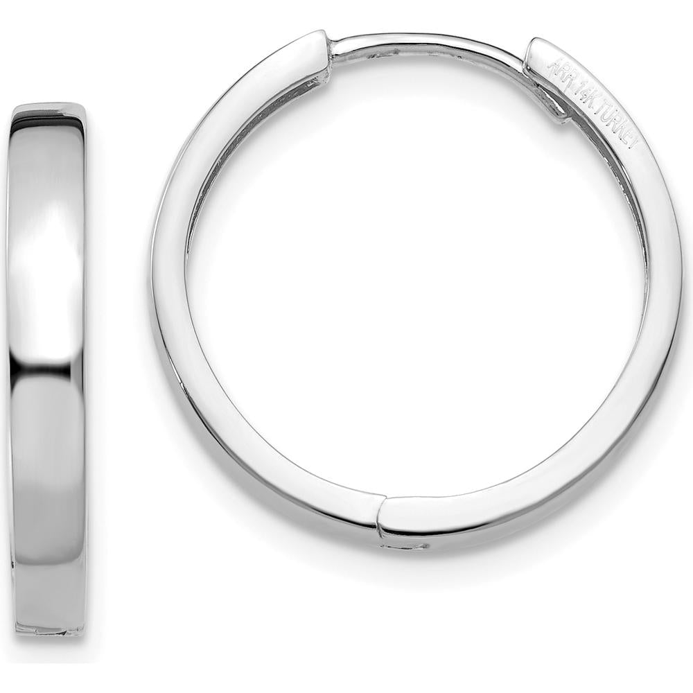 14K White Gold Polished Hinged Hoop Earrings with Rhodium Plating - 15mm Length by 0