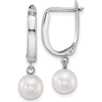 14K White Gold Polished Hoop Earrings with 7-8mm Round Freshwater Cultured Pearls by Monteluci Fine Jewelry