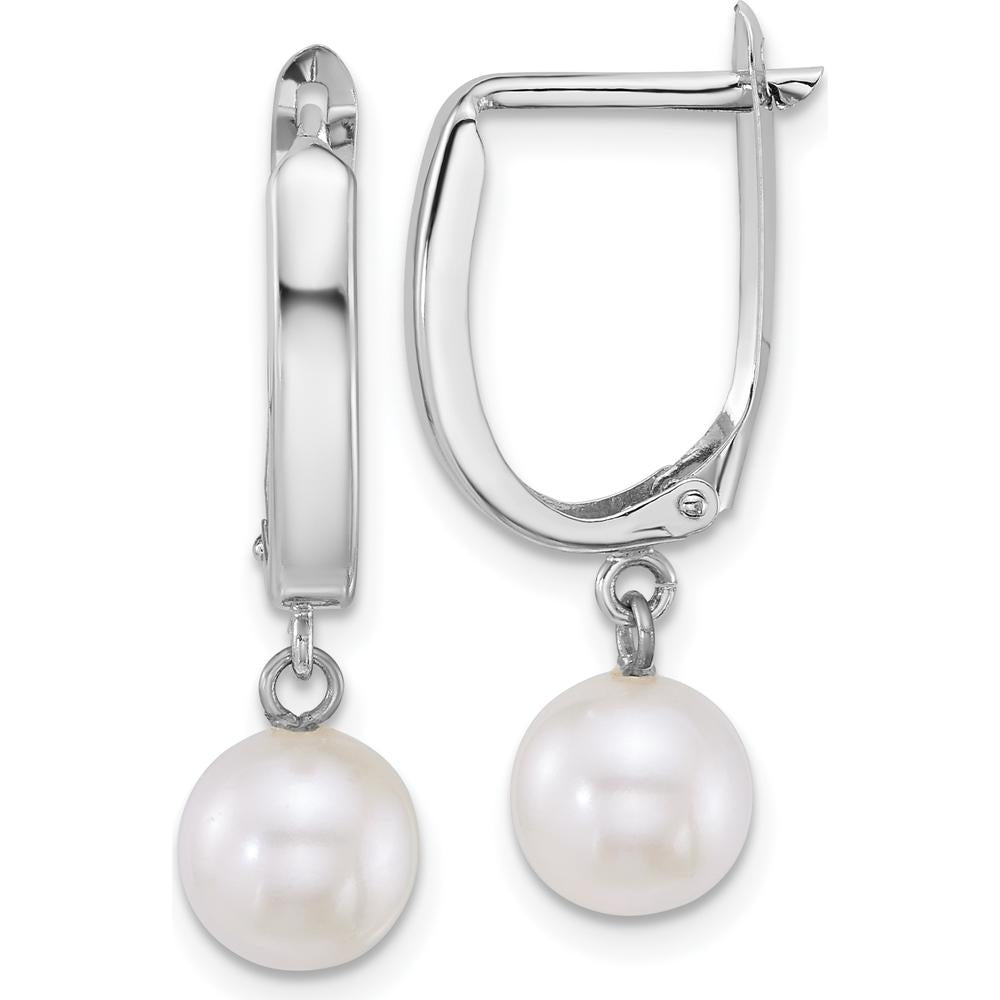 14K White Gold Polished Hoop Earrings with 7-8mm Round Freshwater Cultured Pearls by Monteluci Fine Jewelry