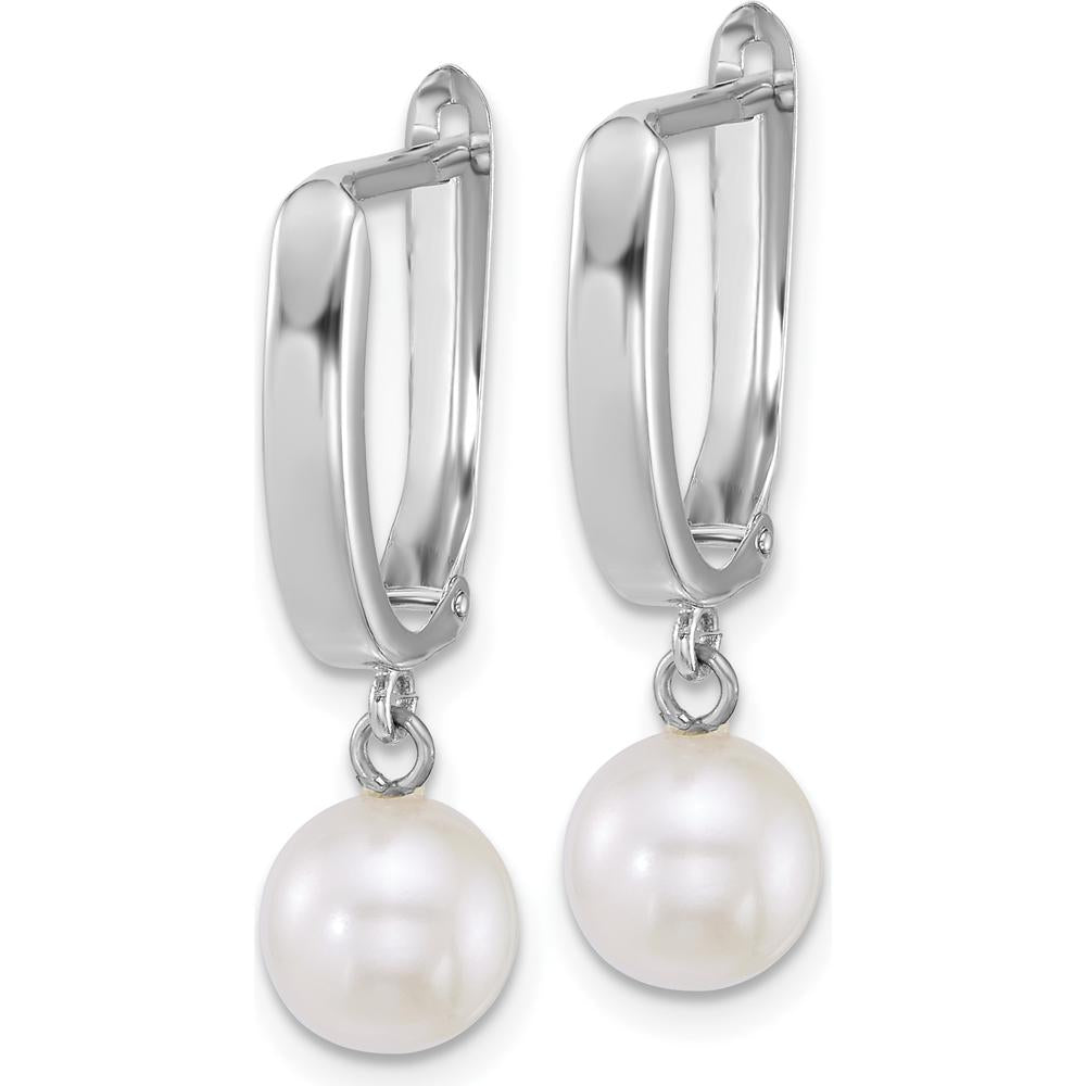 14K White Gold Polished Hoop Earrings with 7-8mm Round Freshwater Cultured Pearls by Monteluci Fine Jewelry