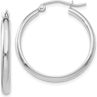 14K White Gold Polished Hoop Earrings with Rhodium Plating - 25mm by 0