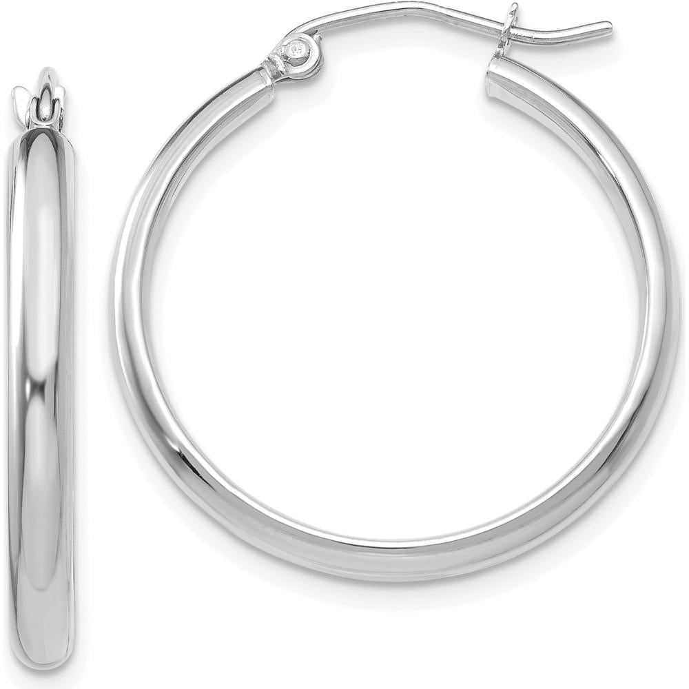 14K White Gold Polished Hoop Earrings with Rhodium Plating - 25mm by 0
