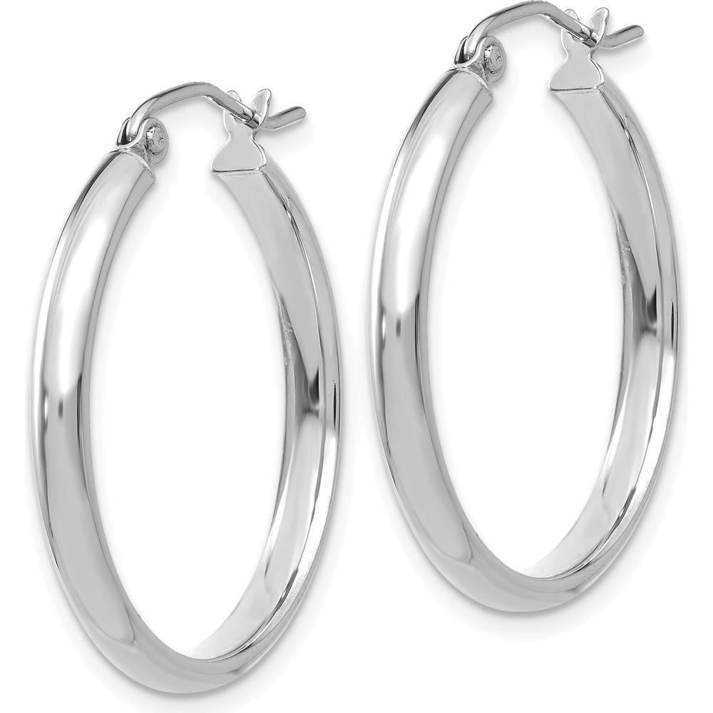 14K White Gold Polished Hoop Earrings with Rhodium Plating - 25mm by 0
