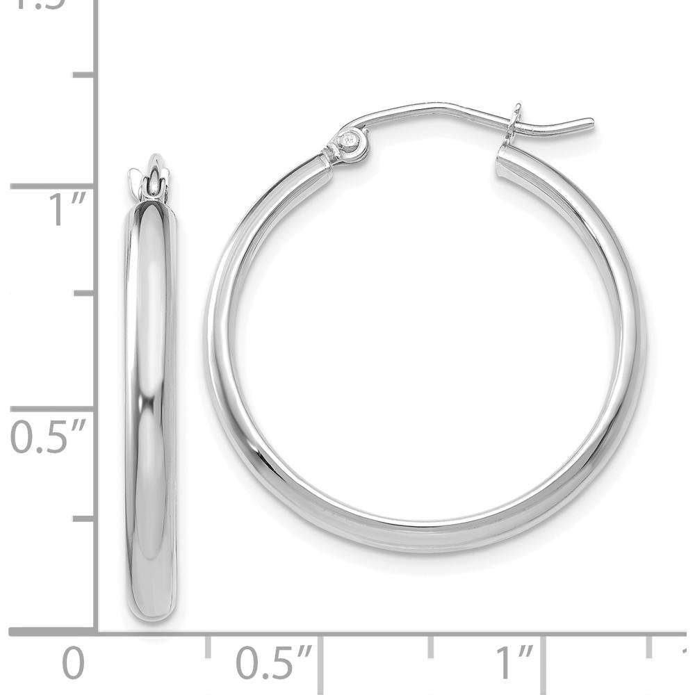 14K White Gold Polished Hoop Earrings with Rhodium Plating - 25mm by 0