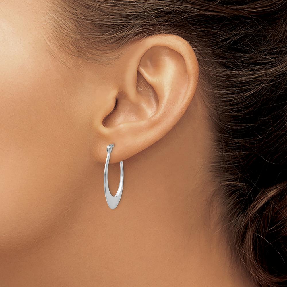 14K White Gold Polished Hoop Earrings with Rhodium Plating - 26mm Length by 0