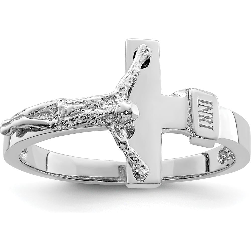 14K White Gold Polished INRI Crucifix Ring with Rhodium Plating by Oro Pregiato