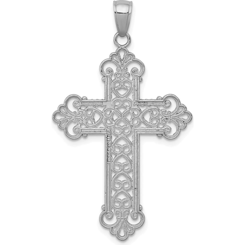 14K White Gold Polished Large Rope Frame Filigree Cross Pendant 33.6mm Length by Oro Pregiato