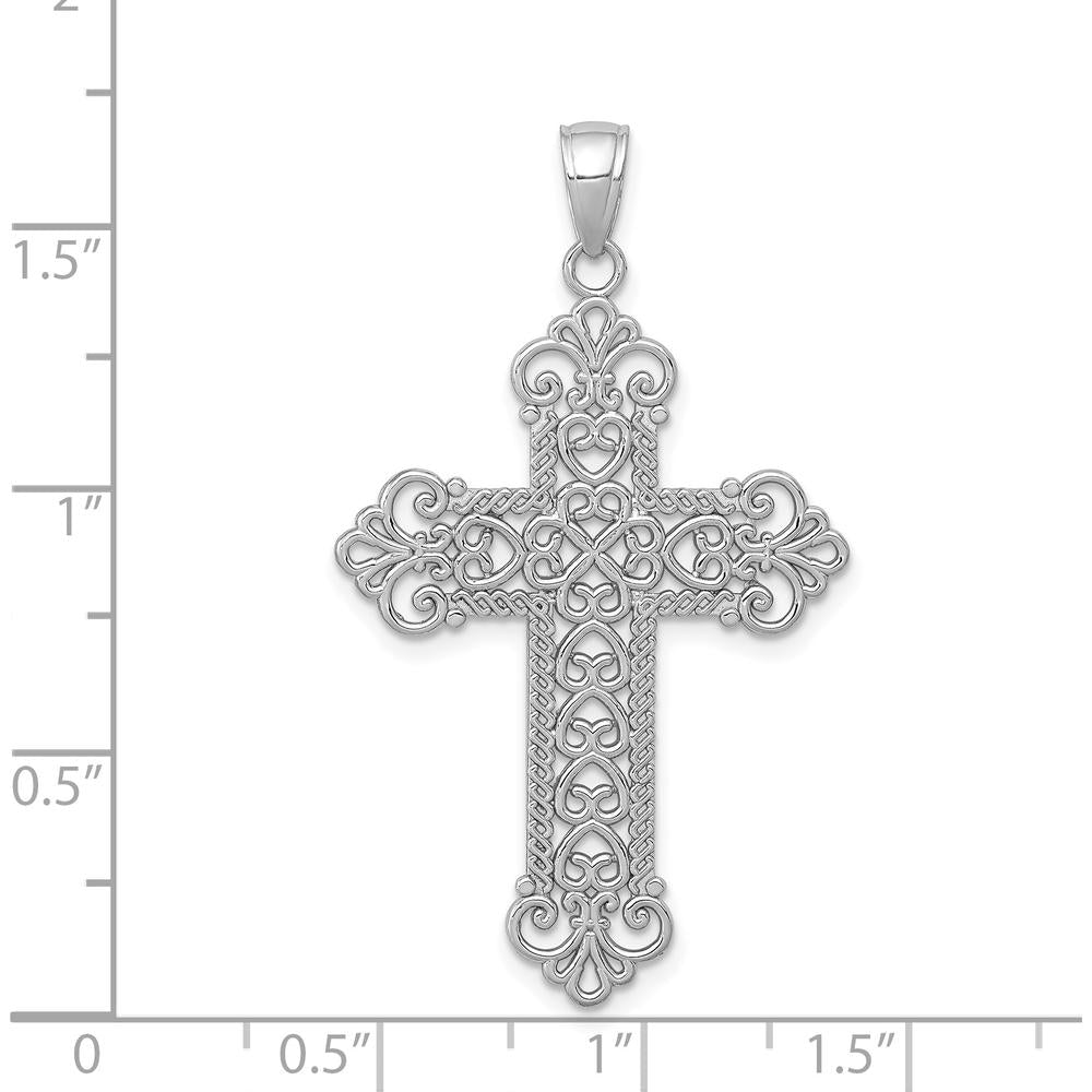 14K White Gold Polished Large Rope Frame Filigree Cross Pendant 33.6mm Length by Oro Pregiato