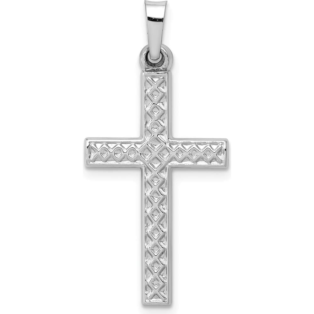14K White Gold Polished Lattice Cross Pendant with Rhodium Plating - Elegant Faith Symbol by Oro Pregiato