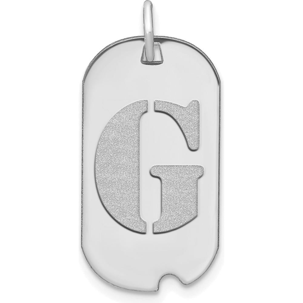 14K White Gold Polished Letter "G" Initial Dog Tag Pendant - Satin Finish with Rhodium Plating by Oro Pregiato