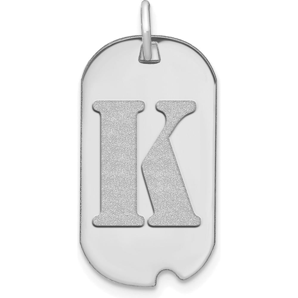 14K White Gold Polished Letter "K" Initial Dog Tag Pendant with Satin and Brushed Texture by Oro Pregiato