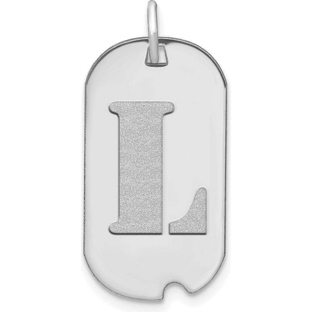 14K White Gold Polished Letter L Initial Dog Tag Pendant - Laser-Cut Design, Rhodium Plating by Oro Pregiato