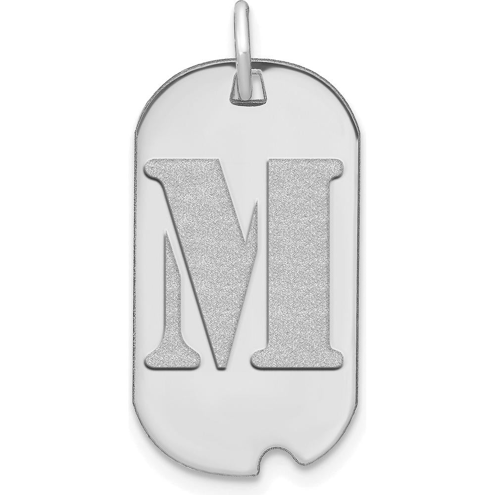 14K White Gold Polished Letter M Initial Dog Tag Pendant with Satin Finish and Rhodium Plating by Oro Pregiato