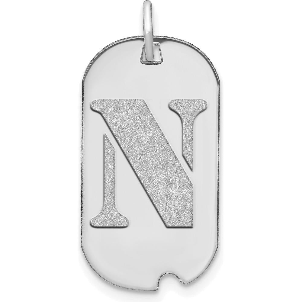 14K White Gold Polished Letter N Initial Dog Tag Pendant - Satin & Rhodium Finish by Oro Pregiato