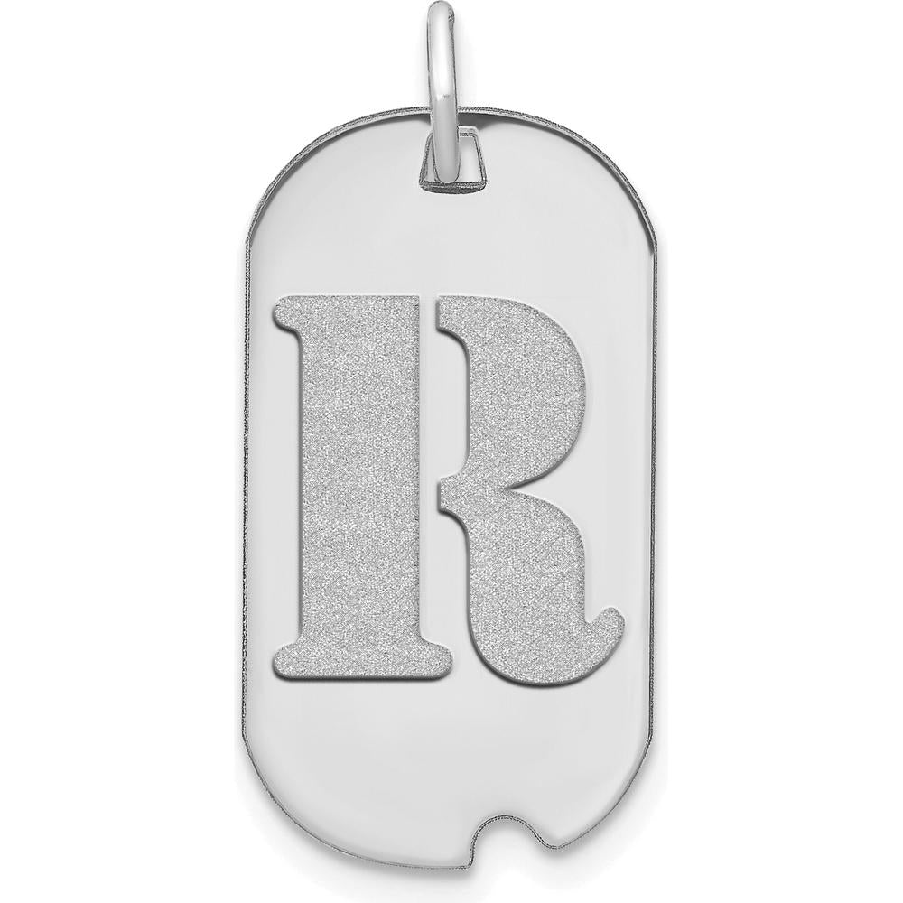 14K White Gold Polished Letter R Initial Dog Tag Pendant - Satin & Brushed Finish by Oro Pregiato