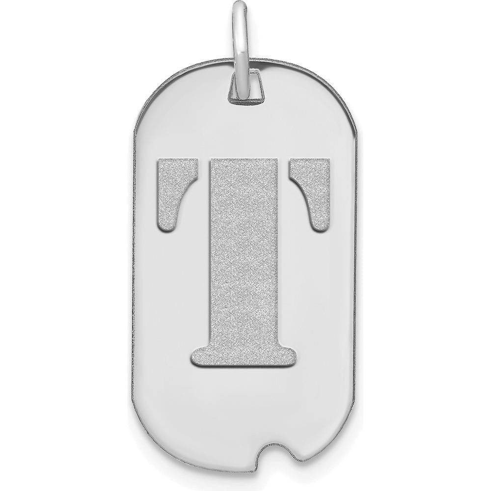 14K White Gold Polished Letter T Initial Dog Tag Pendant with Satin Finish and Rhodium Plating by Oro Pregiato
