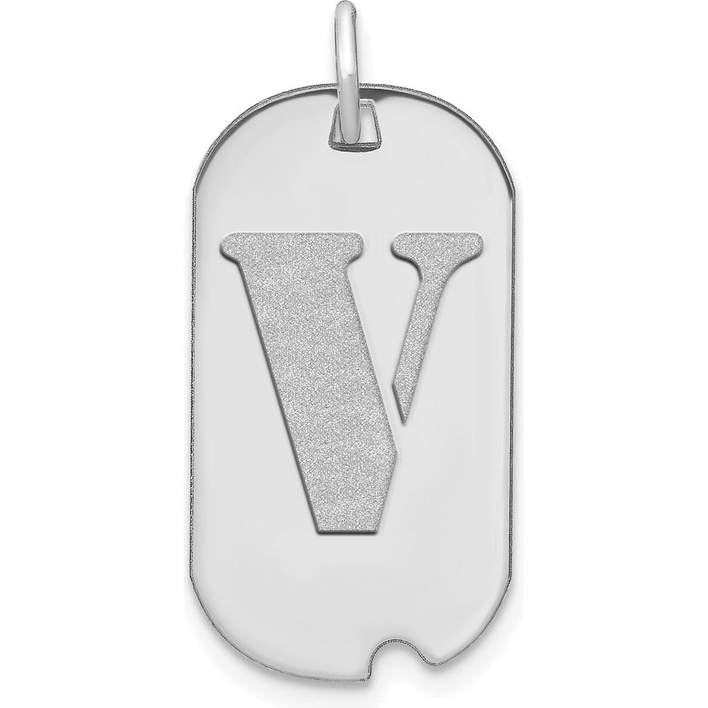 14K White Gold Polished Letter V Initial Dog Tag Pendant - Laser Cut, Satin Finish by Oro Pregiato