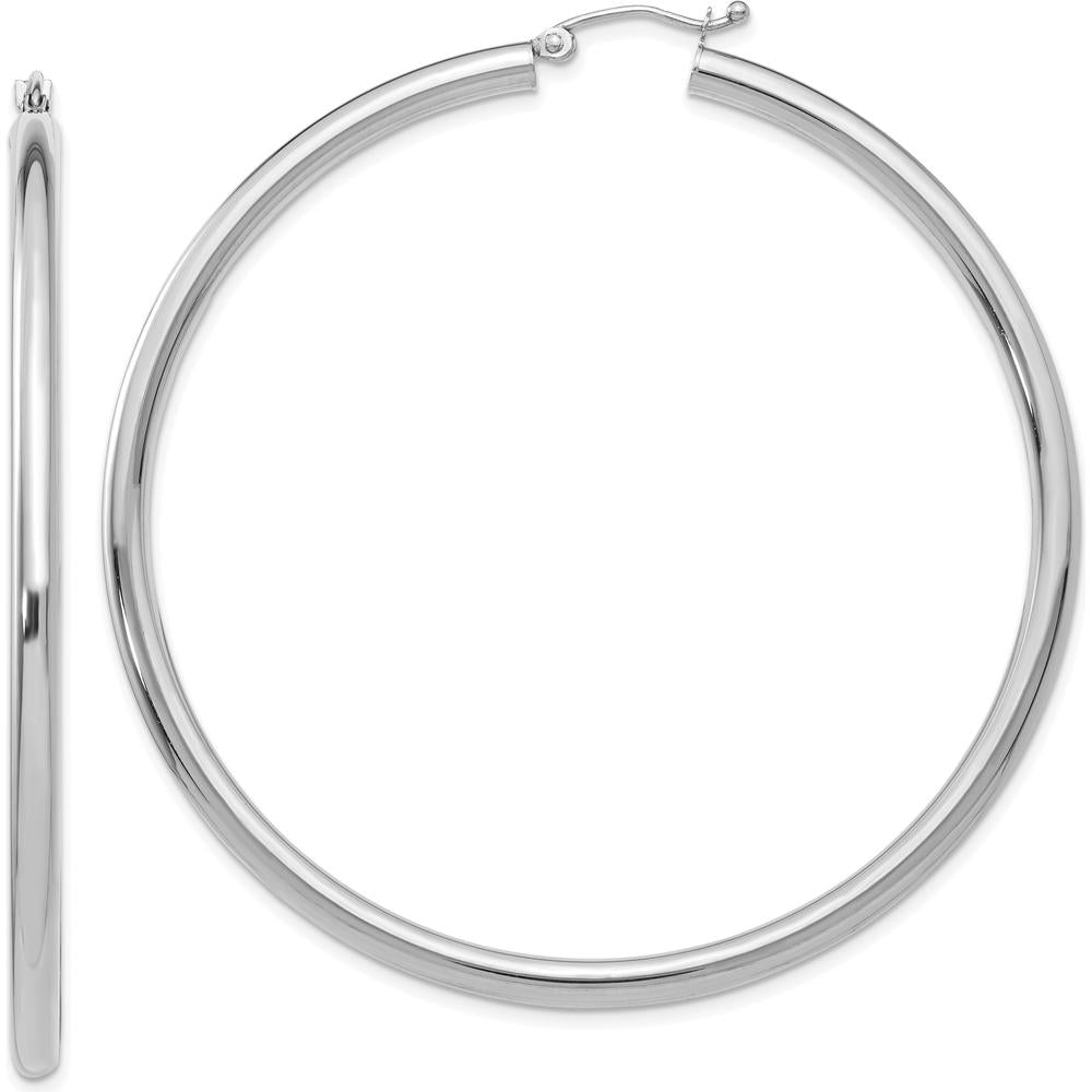 14K White Gold Polished Lightweight 60mm Tube Hoop Earrings - Elegant Everyday Hoops by 0