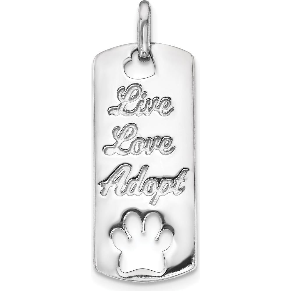 14K White Gold Polished "Live Love Adopt" Dog Tag Pendant with Cut-out Paw Print by Monteluci Fine Jewelry