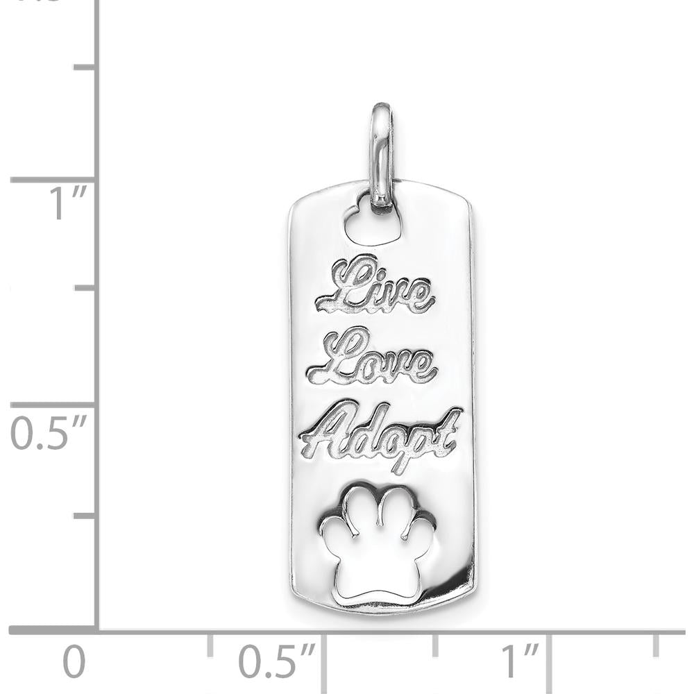 14K White Gold Polished "Live Love Adopt" Dog Tag Pendant with Cut-out Paw Print by Monteluci Fine Jewelry