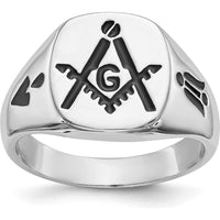 14K White Gold Polished Masonic Ring with Black Enamel Emblem and Grooved Tapered Band by IBGoodman