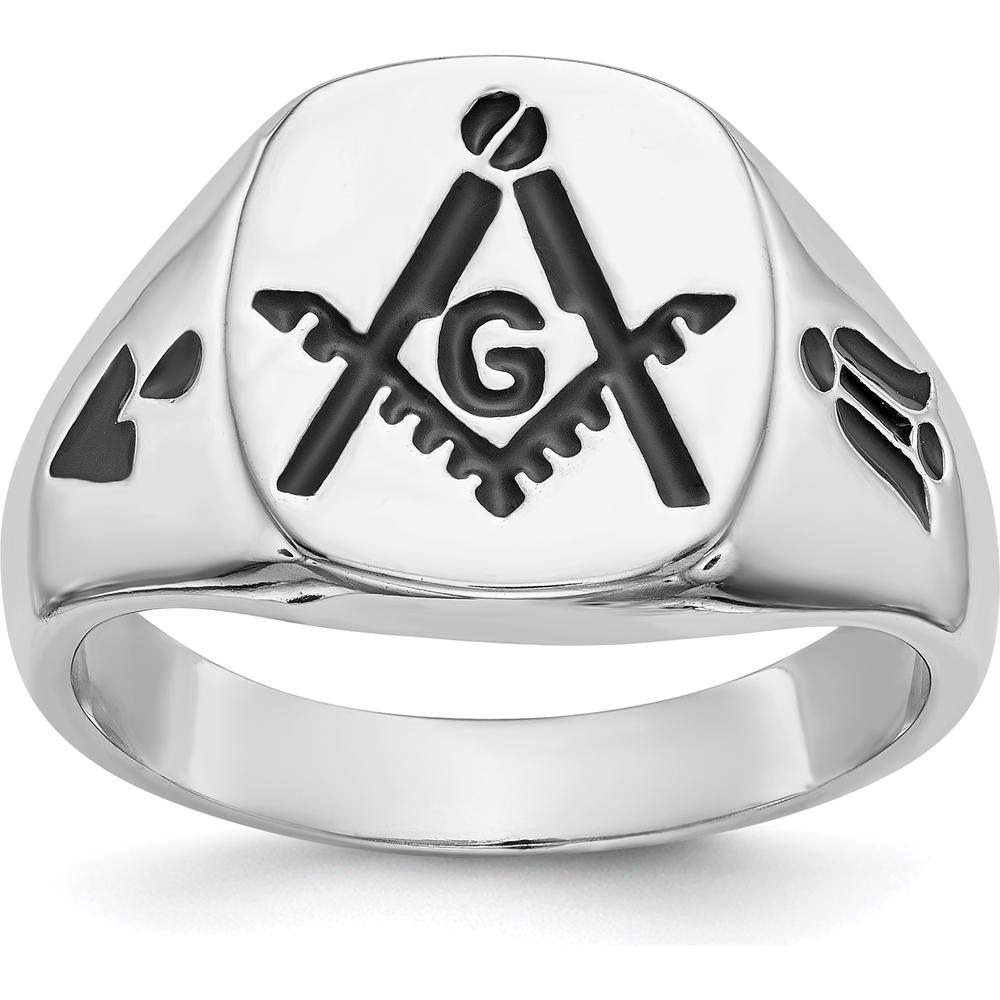14K White Gold Polished Masonic Ring with Black Enamel Emblem and Grooved Tapered Band by IBGoodman