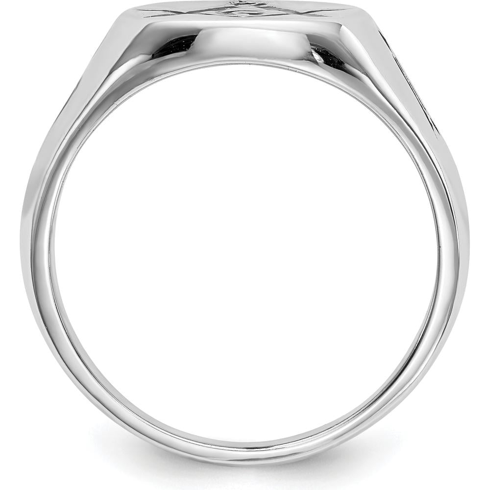 14K White Gold Polished Masonic Ring with Black Enamel Emblem and Grooved Tapered Band by IBGoodman
