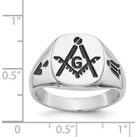 14K White Gold Polished Masonic Ring with Black Enamel Emblem and Grooved Tapered Band by IBGoodman