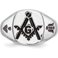 14K White Gold Polished Masonic Ring with Black Enamel Emblem and Grooved Tapered Band by IBGoodman