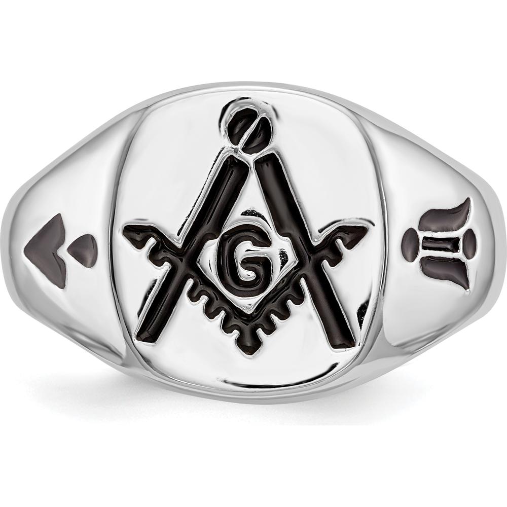 14K White Gold Polished Masonic Ring with Black Enamel Emblem and Grooved Tapered Band by IBGoodman