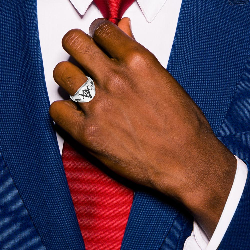 14K White Gold Polished Masonic Ring with Black Enamel Emblem and Grooved Tapered Band by IBGoodman