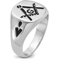 14K White Gold Polished Masonic Ring with Black Enamel Emblem and Grooved Tapered Band by IBGoodman